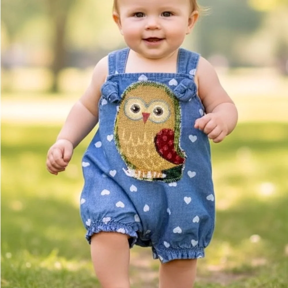 Carter's Chambray Polka Dot Newborn‎ Romper with Appliqué Owl Hand Crafted